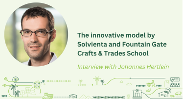 Cover image in light green with darker green illustrations below. On the left is a portrait of Johannes Hertlein, on the right the title "The innovative model of Solvienta and Fountain Gate Crafts & Trades School. Interview with Johannes Hertlein".