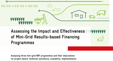 Detail from the cover of the study titled "Assessing the Impact and Effectiveness of Mini-Grid Results-based Financing Programmes. Analysing three mini-grid RBF programmes and their implications for project award, technical assistance, scalability, implementation". The detail shows the title and illustrations in various shades of green with cattle, a chicken, a house and a person with a wheelbarrow in a crop field.