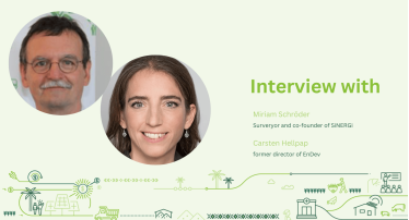 Designed cover image for the interview with Miriam Schöder and Carsten Hellpap about productive use and renewable energies. The background is light green with darker green graphic elements at the bottom of the image.