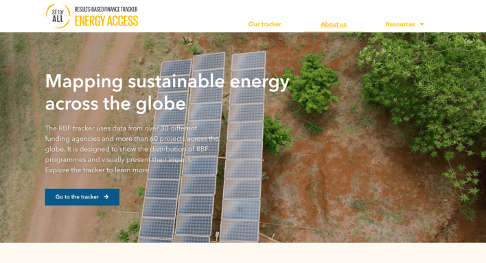 Screenshot of the home page of Sustainable Energy for All's Results-Based Financing Tracker tool with the slogan: Mapping sustainable energy across the globe.