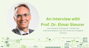 Cover image in light green with a portrait of Prof. Steurer on the left and darker green illustrations at the bottom. The title on the right is "An interview with Prof. Dr. Elmar Steurer, Vice President for Research, Transfer and Internationalisation, Neu-Ulm University of Applied Sciences".