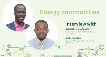 Designed cover image for the interview on energy communities. The background is light green, with graphic elements in darker green at the bottom of the image. On the left are the portraits of Douglas Logedi Luhangala and Kweku Koranteng, energy community experts and interviewees.