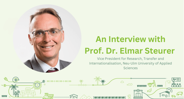 Cover image in light green with a portrait of Prof. Steurer on the left and darker green illustrations at the bottom. The title on the right is "An interview with Prof. Dr. Elmar Steurer, Vice President for Research, Transfer and Internationalisation, Neu-Ulm University of Applied Sciences".